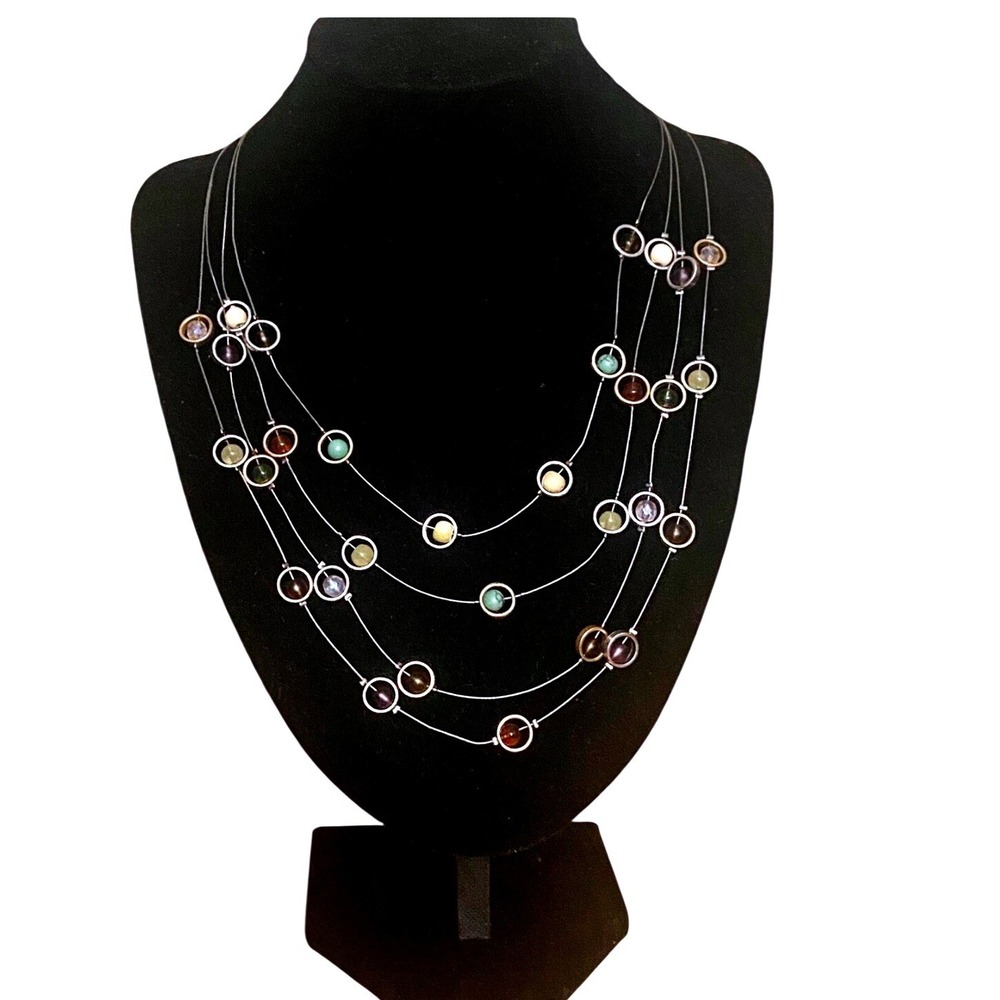 Coldwater Creek Multi Strand Illusion Necklace Silver Tone Multi Color Beads 20"
